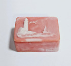 Vintage Small Rectangle Trinket Box Incolay Stone Pink Lighthouse Birds Boat