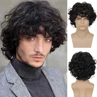 Peluca corta onda negra con flequillo para hombre cabello rizado sintético resistente al calor Foto 1 de 4
