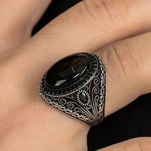 Anillo de plata esterlina 925 vintage de ágata negra natural genuino hecho a mano para hombre - Imagen 1 de 7