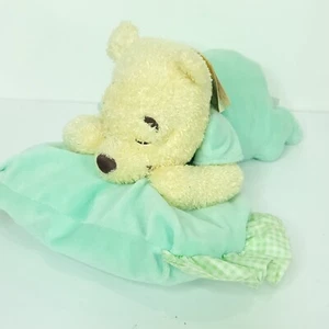 Disney World Winnie the Pooh Baby 12" Plush Sleeping on Pillow Blue Green Soft - Picture 1 of 9