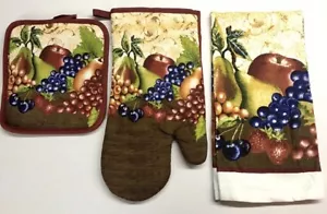 3 pc Kitchen Dish Pot Holder Hand Towel Oven Mitt Set Home Apple Grapes Fruits - Picture 1 of 4