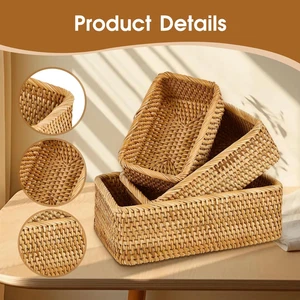 Natural Rectangular Rattan Storage Baskets 3 Set Hand Woven Food and Fruit Room - Picture 1 of 7