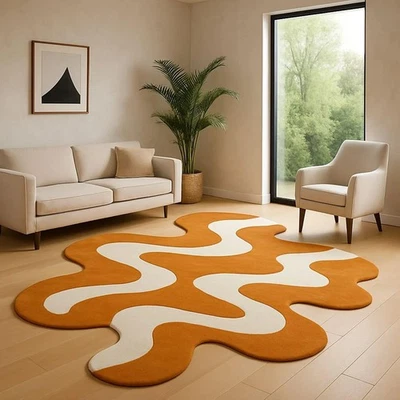 Hand Tufted Modern Irregular Wave Rug – Orange & Cream Abstract Tufted Rug - Image 1 of 4