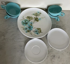 Lot/Set of 4‼ VTG‼ Laguna Melmac 9.5" Plates Turquoise Floral MCM USA Made - Picture 1 of 6