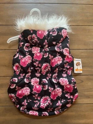 Abrigo floral negro y rosa para perro - GRANDE - Capucha de piel sintética - SimplyDog - Nuevo con etiquetas Foto 1 de 4