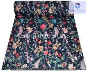 Indian Handmade Floral Kantha Quilt Reversible Bedspread Queen/Double Cotton - Picture 1 of 5