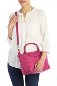 NIB Longchamp Le Pliage Cuir M Leather Zip Tote Shoulder Bag Cyclamen Pink New - Picture 1 of 16