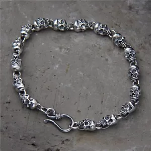 Solid 925 Sterling Silver Mens Beaded Skull Chain Clasp Cuff Bracelet - Picture 1 of 5