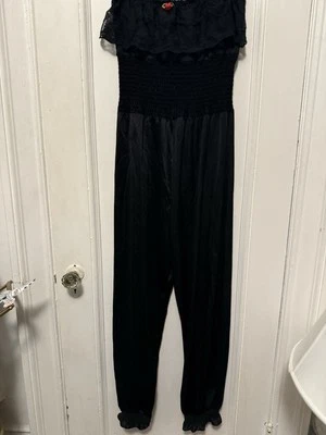 Mono Pantalones De Colección Años 70 Negro Nylon Encaje Tubo Top Harén Niña Genio Descanso Foto 1 de 4