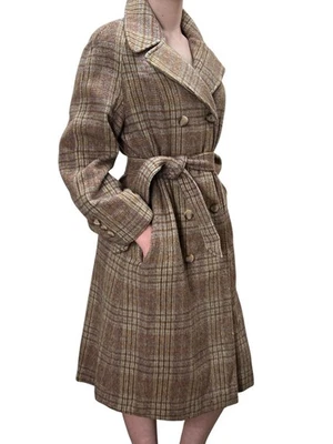 Abrigo De Colección Años 70 S/M Betty Rosa Marrón A Cuadros Cinturón Doble Brstd Cuello Daga Lana Foto 1 de 4