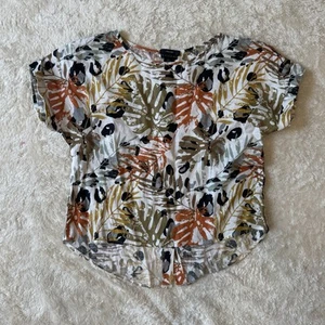 Tahari Womens Top Short Cuff Sleeve Linen Blouse Leaf Multicolor Print Sz Medium - Imagen 1 de 10