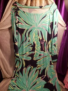 LILLY PULITZER DRESS XL 3/4 SLEEVE GOLD BUTTONS COTTON KNIT ROUND NECK PALM - Picture 1 of 8