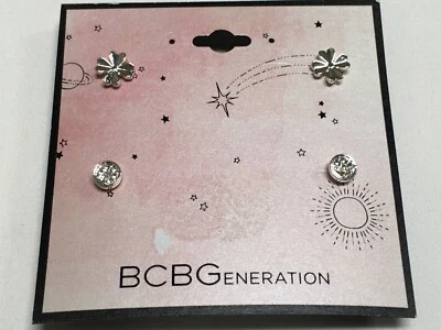 BCBG Lucky Clover 透明水晶圆形耳钉镀银耳环 7 & 10 毫米全新 BC2 — 第 1/4 张图片