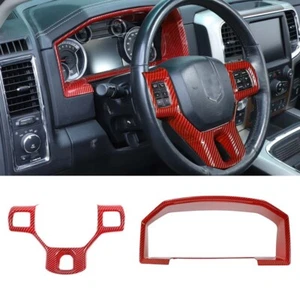 Red Carbon Steering Wheel Dashboard Cover Trim Kit For Dodge Ram 1500 2010-2017 - Picture 1 of 13