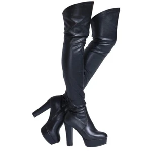 Women's Stretch Vegan Leather Chunky Heel Thigh High Over Knee Boot Size 8.5 NWT - Picture 1 of 6