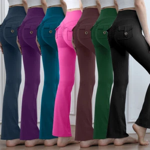Women's Scrunch Butt Flare Leggings Pockets Cargo Bell Bottom Lounge Yoga Pants - Picture 1 of 28