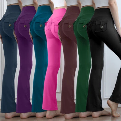 Women's Scrunch Butt Flare Leggings Pockets Cargo Bell Bottom Lounge Yoga Pants - Image 1 of 4