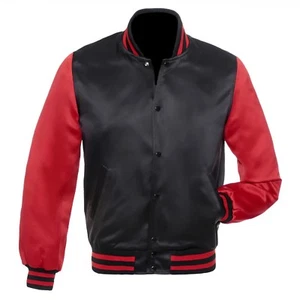 Schwarz rot Satin Varsity Letterman Bomber Baseball Jacke - Bild 1 von 4