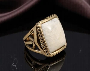 Anello uomo vintage Barse Thai tono oro tribale intagliato con grande cabochon taglia 8 - Foto 1 di 9