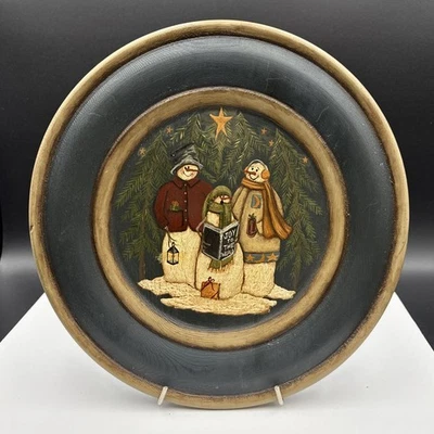 Vintage Wooden Folk Art Plate Christmas Snowman Carolers Signed - Image 1 of 4