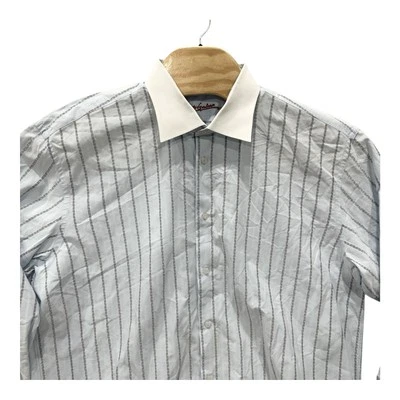 Camisa de Vestir Robert Graham Hombre 18.5/47 Azul Rayas Botón Bordado Puño Francés Foto 1 de 4
