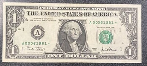 Billete 2001 FRN $1 estrella 🌟 número de serie bajo - sin circular - Imagen 1 de 3