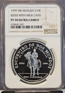 1999 NICARAGUA SILVER 10 CORDOBAS RIDER WITH MILK CANS NGC PF 70 ULTRA CAMEO - Picture 1 of 3