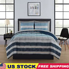 Blue Stripe Reversible 7-Piece Bed in a Bag Comforter Set with Sheets King Size