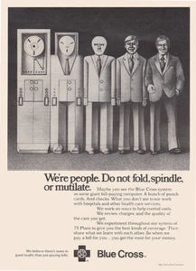 1973 Blue Cross: We're People Do Not Fold Spindle or Mutilate Vintage Print Ad - Picture 1 of 1