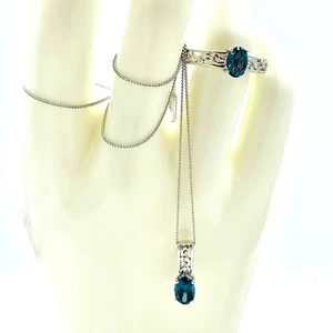 Collana in argento sterling 925 topazio blu Londra (20 pollici), anello filigrana (taglia 9) - Foto 1 di 20