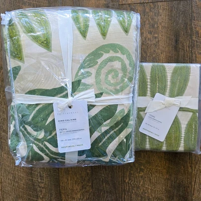 Pottery Barn Fern Embroidered Leaves Duvet Cover Bedding King & 1 Sham NEW - Image 1 of 3