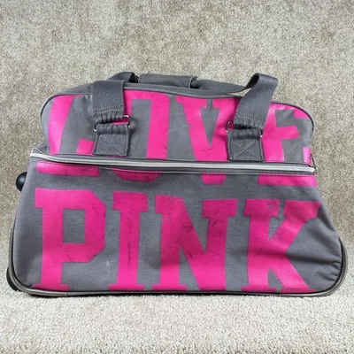 Victoria's Secret Love Pink Rolling Carry-On Duffle Bag Luggage Gray Canvas - Image 1 of 4