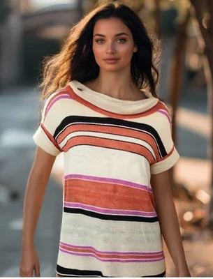 Туника Max Mara размер средний льняная полоса воротник-капот короткий рукав разделенные стороны бежевый - Изображение 1 из 4