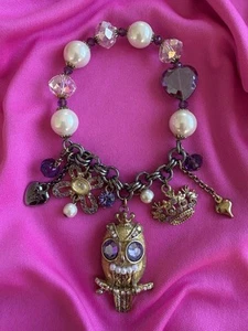Betsey Johnson Vintage Tzarina Purple Crystal Heart Owl Crown Pearl Bracelet - Picture 1 of 7