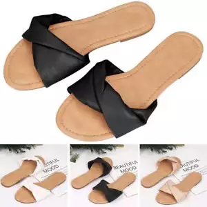 Women Leather Slippers Sandals Flats Soft Cushion Summer Beach Slippers Shoes - Picture 1 of 15
