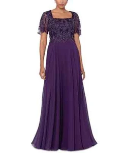 XSCAPE Women's Bead Embellished Short Sleeve Gown Color Plum Size 14 Style 5893X - Picture 1 of 4
