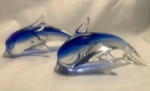 Pair 6" Hand Blown Clear and Cobalt Blue Glass Dolphins / Porpoise Figurine - Bild 1 von 5