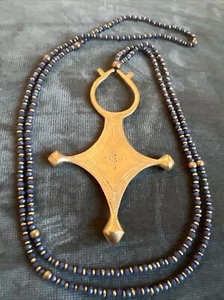 Zia blauer Onyx facettierte Perle Messing geätzt Ankh Anhänger Halskette 32 Zoll - Bild 1 von 10
