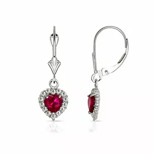 14K White Gold White Sapphire Halo & Ruby Heart Dangle Lever Back Earrings - Picture 1 of 1