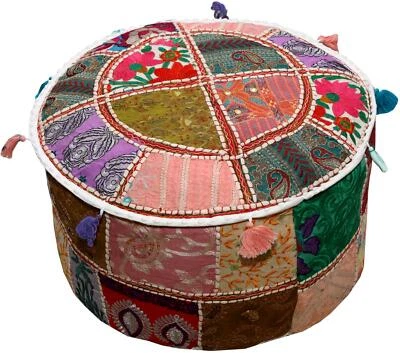 Puf otomano hecho a mano con retazos redondos de 22" asiento/bolso de frijoles/cubierta de puf blanco Foto 1 de 4