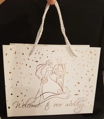 Bolsas de Boda Total de 58 “Bienvenidos a Nuestra Boda” Blanco con Texto de Lámina de Oro Rosa Foto 1 de 4