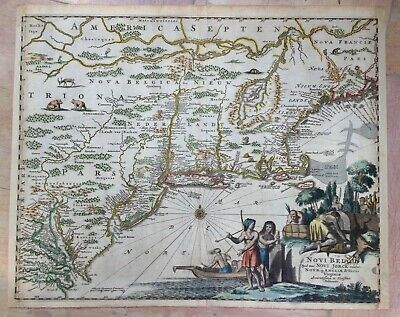 NEW ENGLAND NEW YORK 1673 MONTANUS Arnoldus UNUSUAL ANTIQUE MAP 17TH CENTURY • 2,313.31$