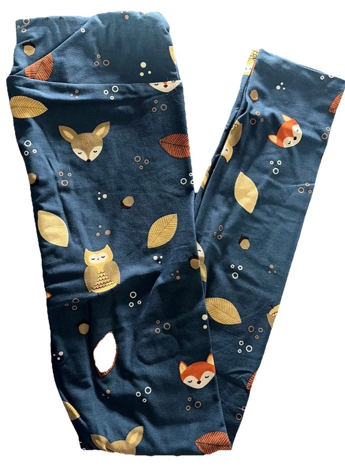Lularoe (2-10) OS 紧身裤森林带狐狸猫头鹰橡子石蓝色背景全新带标签 — 第 1/3 张图片