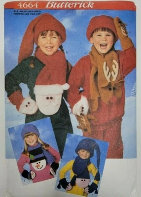 Butterick 4664 Childs Christmas Scarf Mittens Hat Santa Reindeer sewing Pattern - Image 1 of 3