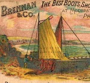 Botas Brennan & Co. Años 1870-80 Zapatos y Zapatillas Boston Harbor Scene Boat P230 - Imagen 1 de 3