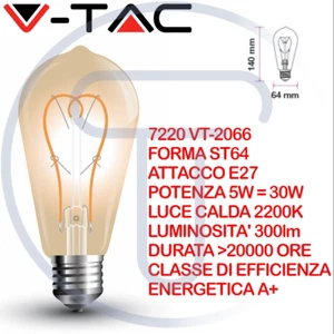 V-TAC VT-2066 7220 Lampadina LED E27 5W ST64 Filamento Vintage Luce Calda 2200K - Foto 1 di 3