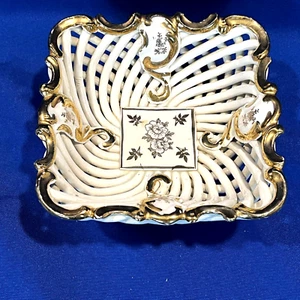 Vintage Porcelain White Lattice Gold Accent Floral Basket Bowl - Picture 1 of 4