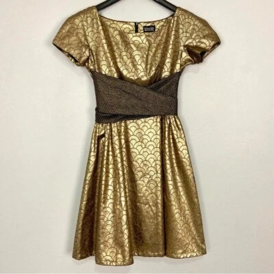 ModCloth Lowie Metallic Scalloped Dress Women’s Size XS Fit and Flare Retro Gold - Image 1 of 4