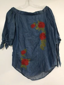 blue rain top Size  XS Blue With ROSES  Tie SLEEVES Blouse - Picture 1 of 5
