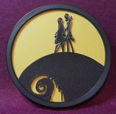 ABELS3D.COM Jack and Sally silhouette wall plaque. 150mm diameter.